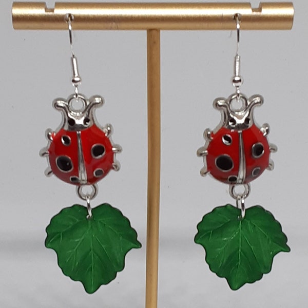 Ladybug and Leaf Dangle Earrings Spring Summer Fun Jewelry Gifts for Her