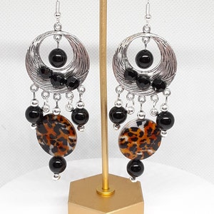 Leopard Chandelier Earrings: Silver Tone & Black Bead Dangle Earrings