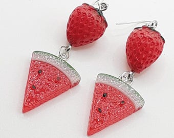 Strawberry Watermelon  Dangle Earrings  Summer Fun Fruit Earrings