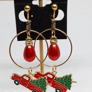 Red Truck with christmas Tree Clip On  Earrings Country Christmas Fun Jewelry Gifts for Her