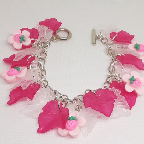 Strawberry Flowers with pink and white  Leaves Charm Bracelets Fun Jewelry