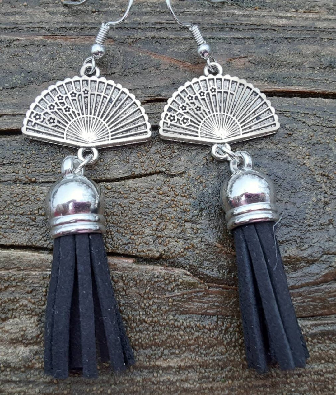 Black Faux Leather Tassel Fan Earrings Dangle/drop Earrings Etsy