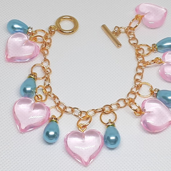 Heart Charm Bracelet Gold pearls gifts for her