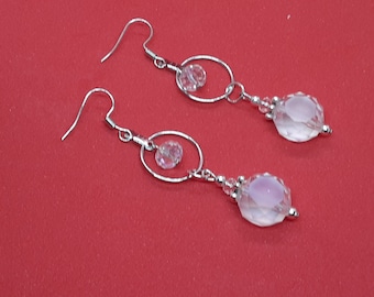 Crystal Glass Bead Hoop Earrings: Silver Tone Dangle Earrings