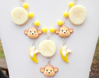 Banana and Monkey Charm Necklace: Whimsical Summer Jewelry