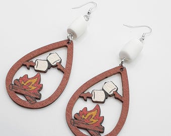 Camping Marshmallow  dangle statement Hoop summer Earrings unique Fun Jewelry