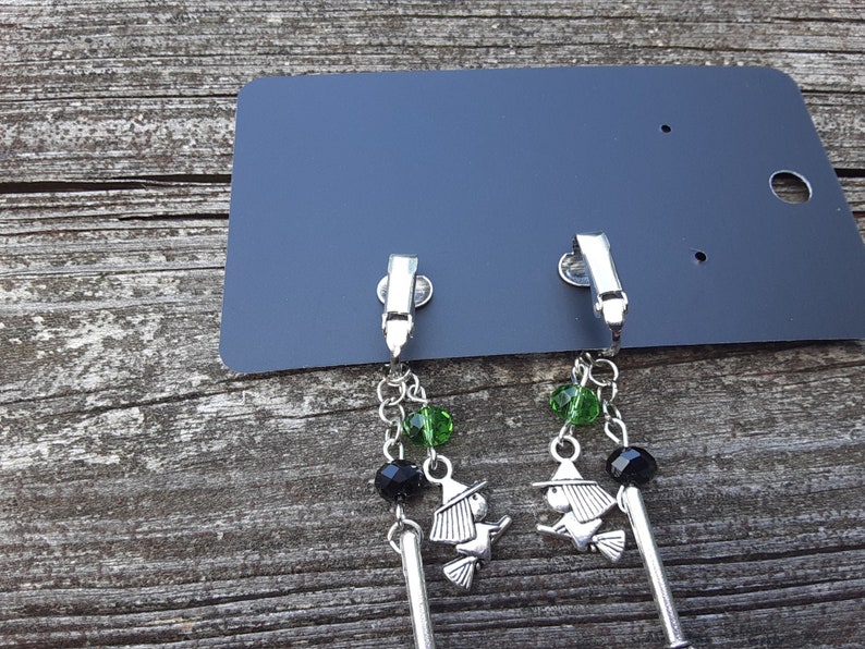 Handmade Clip On Witch and Broom Halloween Dangle earrings