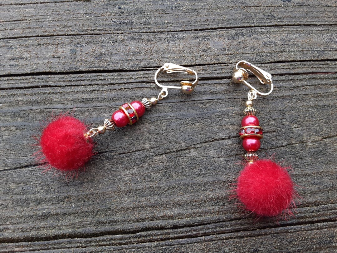 Handmade Red and Gold Pom Pom Clip on Earrings Etsy