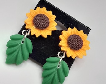 Clip On Sunflower Post Dangle Earrings