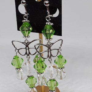 Green Butterfly Clip On.Chandelier earrings gifts for her