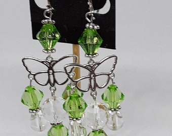 Green Butterfly Clip On.Chandelier earrings gifts for her