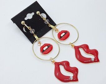 Lips Hoop Long Dangle Clip On Earrings Fun Jewelry statement earrings gifts for her