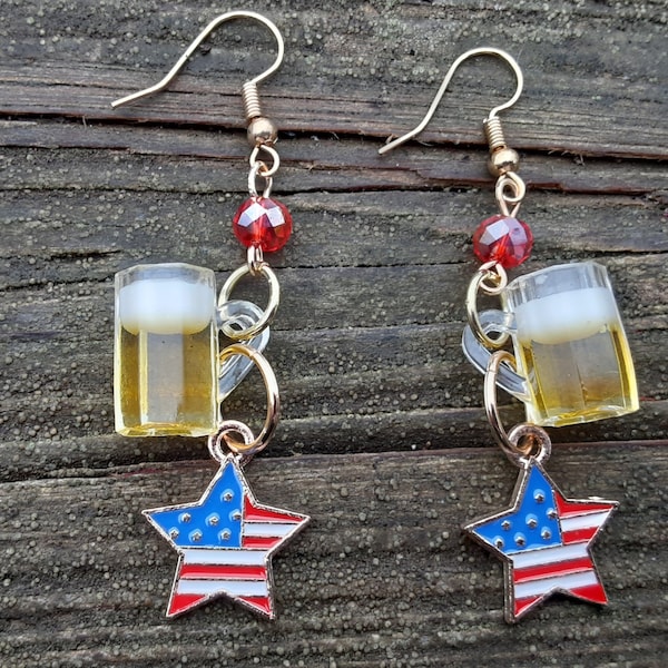 Patriotic Flag and Beer Earrings Fourth 4th of July American  Beer independence Day