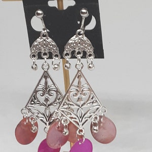 Clip On Pink mussel shell drop dangle earrings