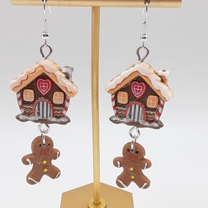 Gingerbread House With Gingerbread Man Dangle Earrings Fun Holiday Jewelry Christmas Earrings