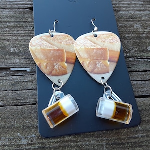 Handmade Beer and Grilled Cheese Sandwich Guitar Pick Earrings Game Day Sports event