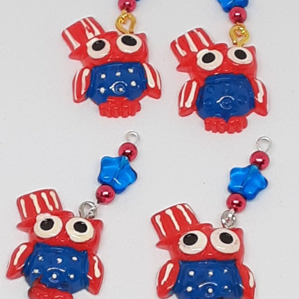 Patriotic Owl Clip On Earrings Independence Day 4th of July