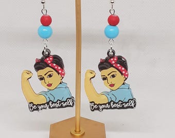 Motivational Acrylic Earrings: Motivational Dangle Jewelry, Silver Tone Beads