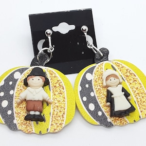 Pumpkin Pilgrim Faux leather Clip On Dangle Earrings Thanksgiving Fun jewelry Gifts for her