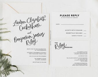Riley Modern Calligraphy Invitation Suite | Calligraphy Wedding Invites | Hand-Lettered Invitations | Custom Event Invites and Envelopes