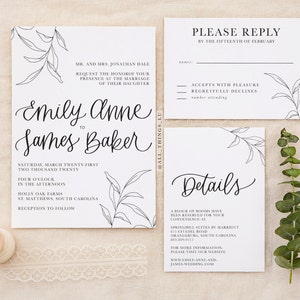Emily Botanical Invitation Suite | Calligraphy Wedding Invites | Hand-Lettered Invitations | Custom Event Invites | Leaf Line Drawing