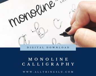 Monoline Calligraphy Style Practice Guide for Beginners | Handlettering Worksheet | Hand Lettering Workbook Page | Learn To Letter