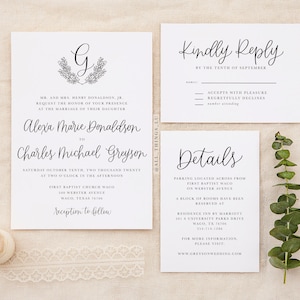 Alexa Monogram Crest Invitation Suite | Calligraphy Wedding Invites | Hand-Lettered Invitations | Custom Event Invites | Eucalyptus Greenery