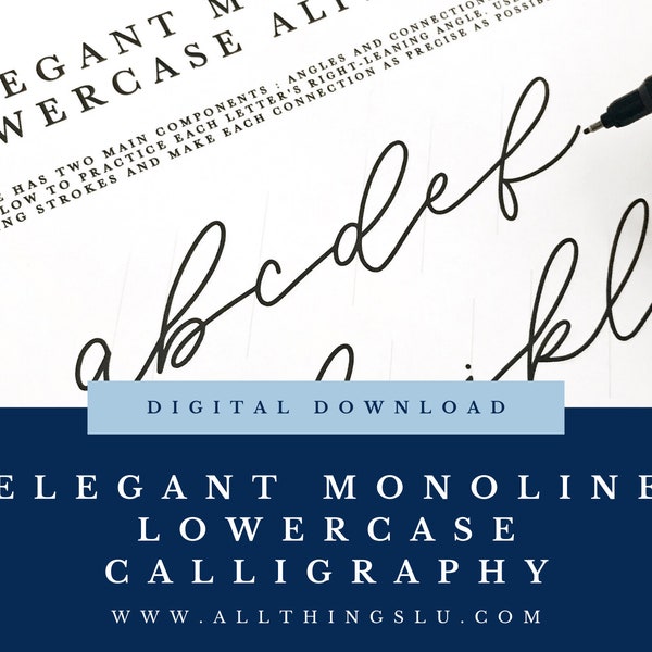 Elegant Monoline Lowercase Calligraphy Practice Guide | Handlettering Worksheet | Hand Lettering Workbook Page | Learn To Letter