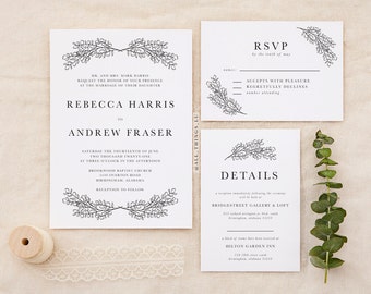 Rebecca Eucalyptus Invitation Suite | Wedding Invites | Hand-Lettered Invitations | Custom Event Invites | Leaf Arch | Type Face