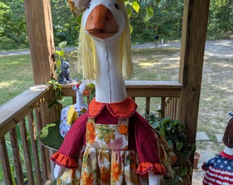 Fall/ Leaf Fabric Dress for a Porch Goose with Hair Bow & Wig!!