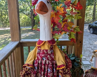 Goose-Leader Football/Florida State/Seminoles Porch Goose Dress with Pompoms, Hair Bow & Wig!! Fits a 14-29" goose. Select size at checkout.
