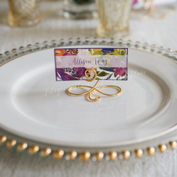 12 Gold Wire Name Place Cards, or Wire Table Number Holders, Gold Wire Bow Table Number Holders or Stands