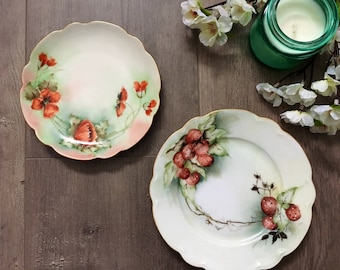 May include: Two vintage porcelain plates with floral designs. One plate features red poppies and green leaves on a white background with a pink rim. The other plate features red strawberries and green leaves on a white background.