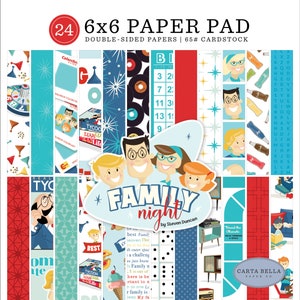Carta Bella FAMILY Night Collection 6 X 6 Paper Pad,  24 double-sided sheets, Vintage/Retro Family Game Night Theme Scrap and Papercraft