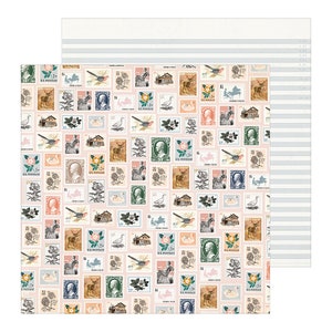 May include: A pink background with a repeating pattern of vintage postage stamps. The stamps feature images of birds, deer, flowers, and people. The text "US POSTAGE" is printed on each stamp.