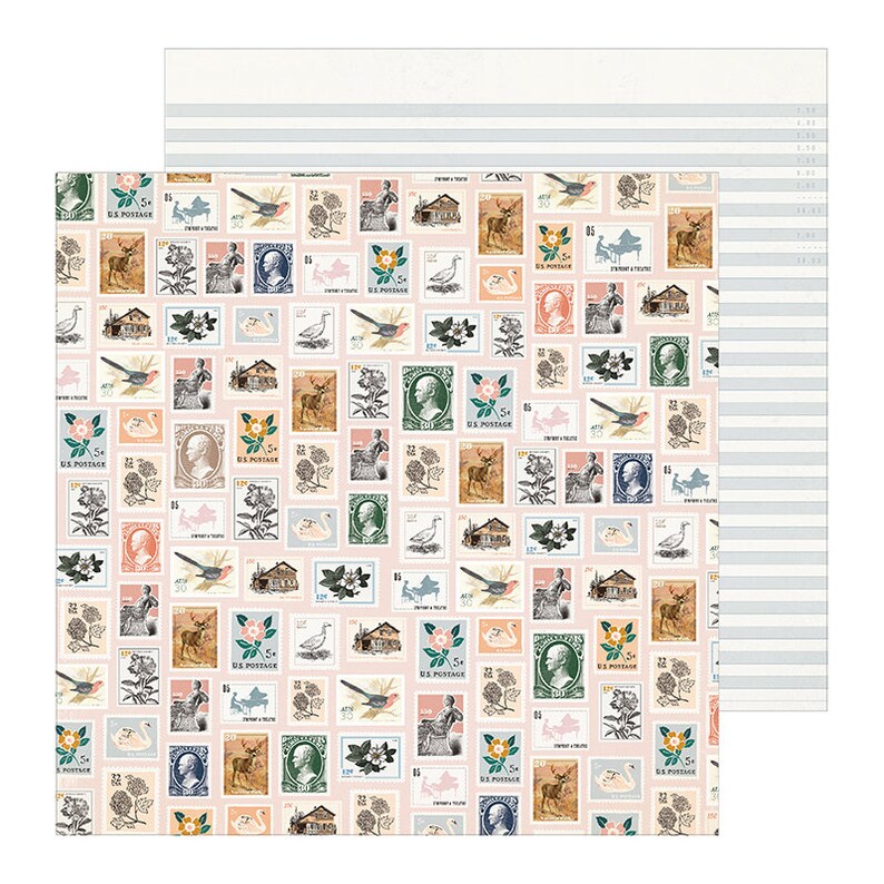 May include: A pink background with a repeating pattern of vintage postage stamps. The stamps feature images of birds, deer, flowers, and people. The text "US POSTAGE" is printed on each stamp.