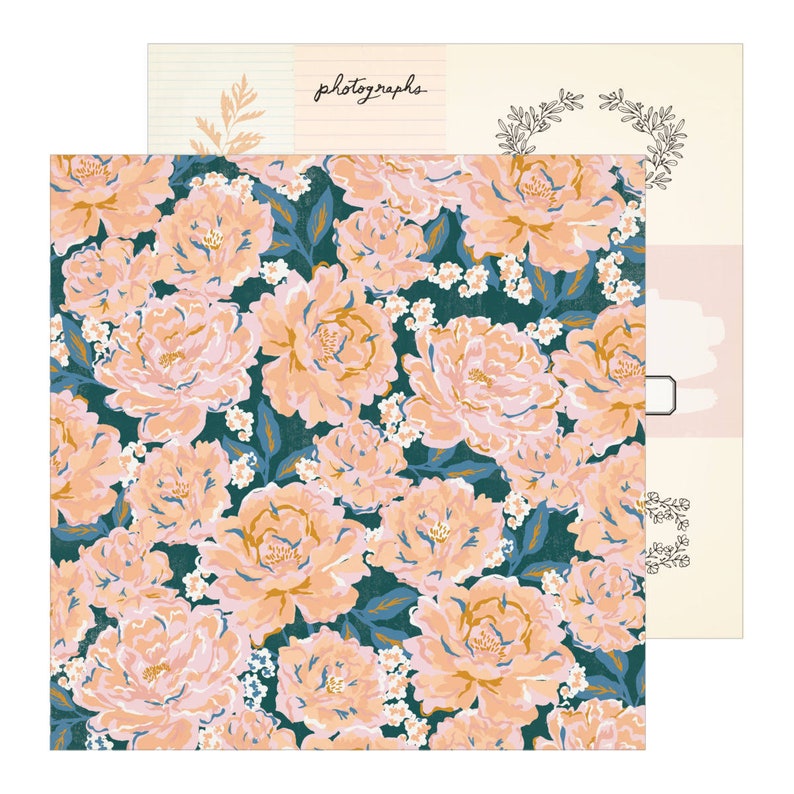 May include: A teal floral patterned paper with peach and white flowers. The paper has the word "photographs" written on it in black.