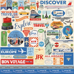 Carta Bella PASSPORT Collection 12X12 Sticker Sheet, Retro/Vintage Travel Theme Scrapbook and Papercraft, Travel Stickers