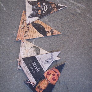 May include: A Halloween banner with six triangular flags. The flags are decorated with vintage illustrations of a black cat, a raven, a crescent moon, an owl, a pumpkin, and the text "Happy Hallow", "A Bewitching Cure for Ailments of the Body", "Witch Hazel", and "Natural Elixir".