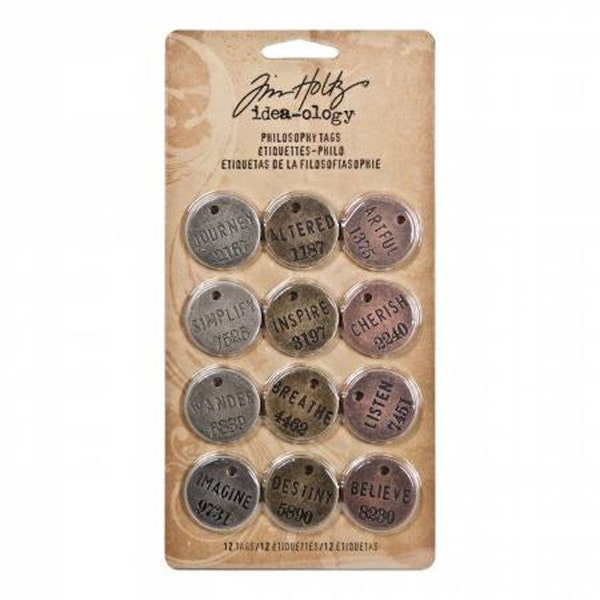 Tim Holtz idea-ology Philosophy Tags, 12 Tags, Mixed Media/Assemblage, Metal Tags, Tim Holtz Philosophy Tags, Antique Finish Metal Tags
