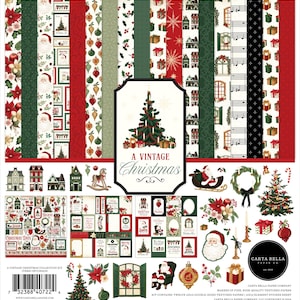 Carta Bella Paper Co. A VINTAGE Christmas Collection Kit, Twelve 12X12 Double-sided Sheets and 12X12 Sticker Sheet, Christmas Papercraft