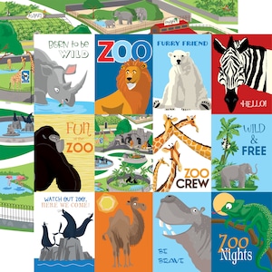 6 Assorted Sheets! Carta Bella Paper Co. ZOO Adventure Collection, 12X12 Double-sided Sheets, Zoo Theme Scrap and Papercraft