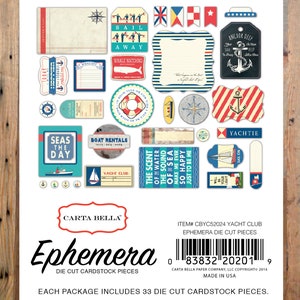 Carta Bella YACHT CLUB Ephemera,  33 Die Cut Pieces, Retro/Vintage Sailing/Nautical Theme Scrap and Papercraft