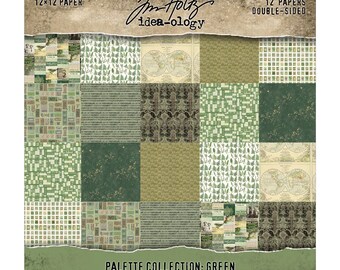 Tim Holtz® Idea-ology® Palette Collection: Green, 12" x 12" Paper, 12 Double-Sided Papers, Tim Holtz Scrapbooking/Junk Journals/Mixed Media
