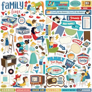 Carta Bella Paper Co. FAMILY Night 12X12 Sticker Sheet, Retro/Vintage Family Fun and Game Theme Scrapbook and Papercraft