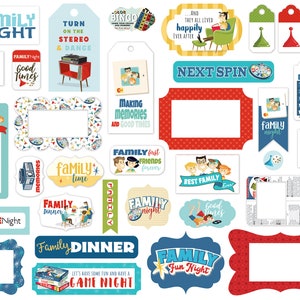 Carta Bella FAMILY Night Collection Ephemera (Frames & Tags),  33 Pieces, Retro/Vintage Family Theme Die Cut Tags, MCM Family Ephemera