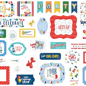 Carta Bella LET'S Celebrate Collection Ephemera, Die Cut Tags, 33 Pieces, Birthday Theme Scrap and Papercraft, Birthday Paper Tags