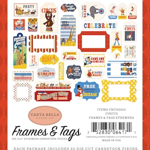Carta Bella CIRCUS Collection Ephemera (Frames & Tags),  33 Pieces, Retro/Vintage Circus Theme Scrap and Papercraft, Circus Ephemera