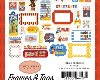 Carta Bella CIRCUS Collection Ephemera (Frames & Tags),  33 Pieces, Retro/Vintage Circus Theme Scrap and Papercraft, Circus Ephemera
