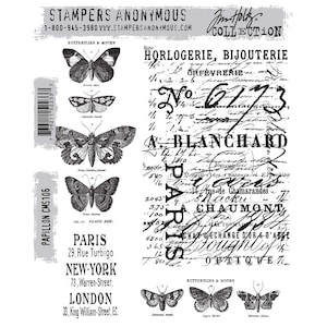 Stampers Anonymous Tim Holtz Collection Cling Rubber Stamps, Papillon CMS106, Butterfly/Moth Rubber Stamps, French Script Rubber Stamp